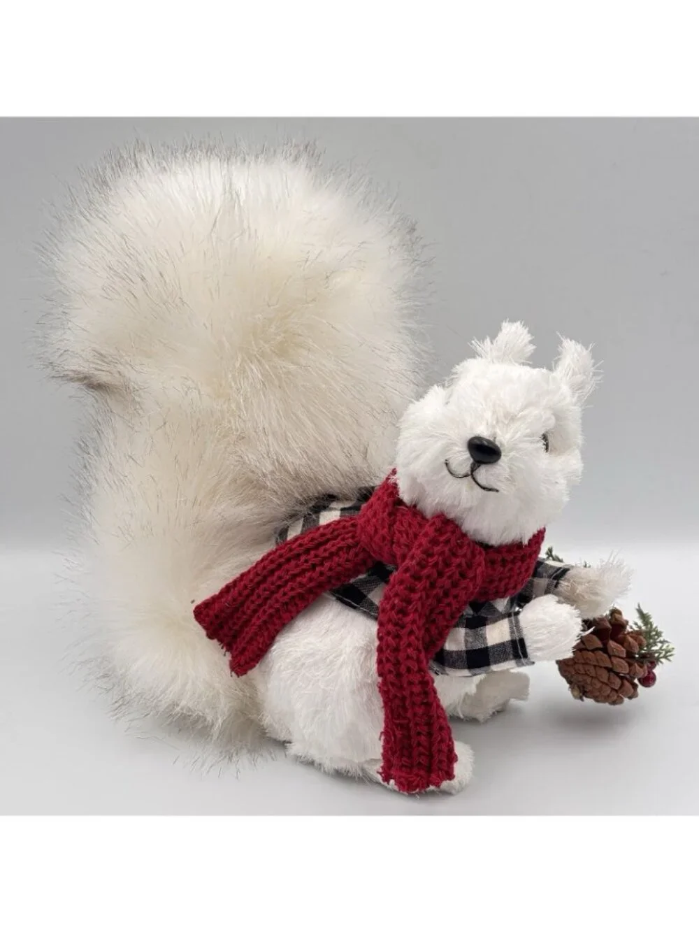 Northlight White Christmas Squirrel Red Scarf Plaid Jacket Pine Cones Bushy 10”